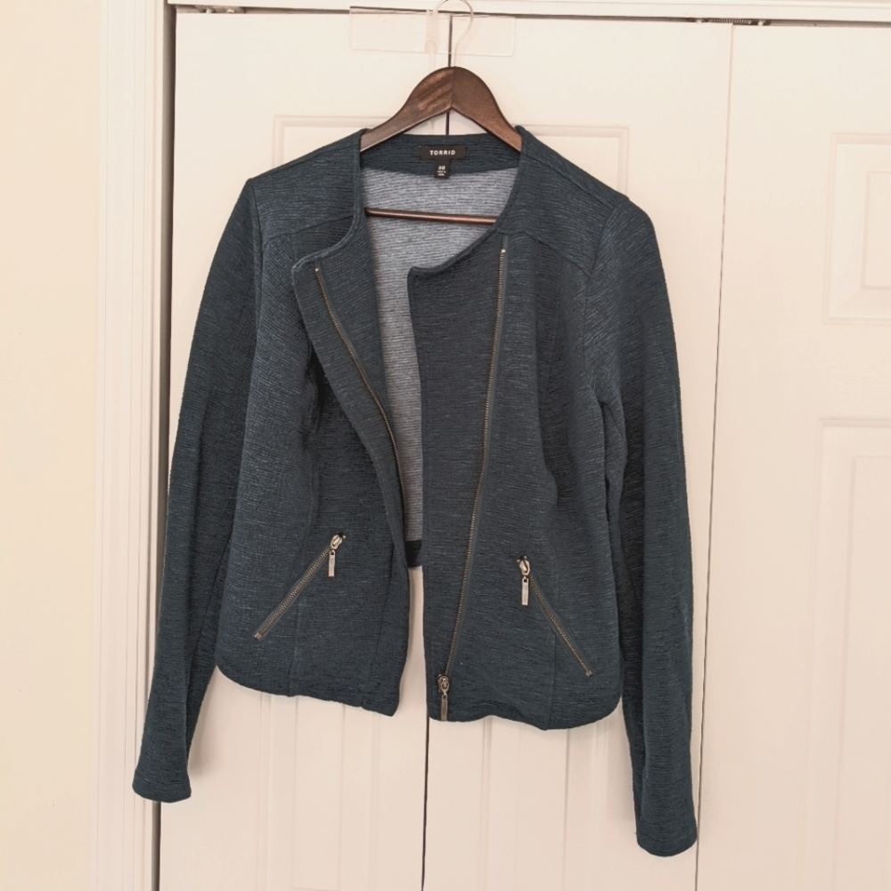 Navy Moto Jacket Sweater by Torrid with blue stretchy fabric